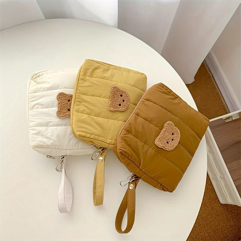 Cute Plush Bear Decor Cosmetic Pouch, Zipper Versatile Cosmetic Bag, All-Match Storage Bag