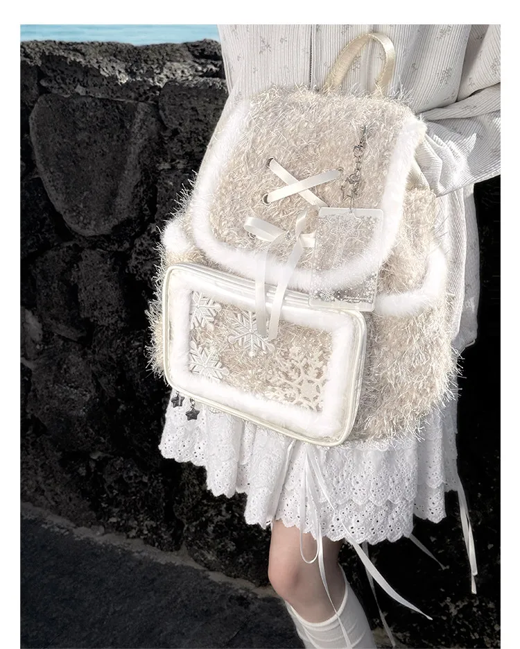 Pastel Color Lta Bag Original Japanese Winter Plush Large Capacity Small Food Ribbon Mini Baby Bag Animation Backpack for Women