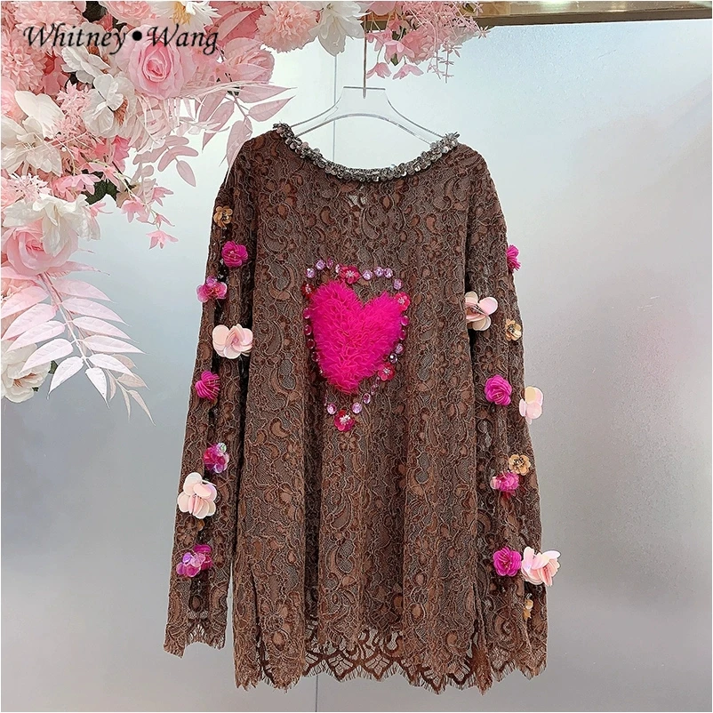 WHITNEY WANG Designer Style 2024 Summer Fashion Streetwear Diamonds Beading Neck Sequins Florals Lace T-Shirt Women Tops