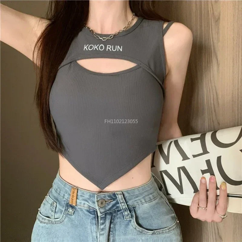 

Casual Crop Tops Women Knit Irregular Tops Hollow Out Camisole Fake Two Pieces Tank Tops with Bra Pad Women Summer