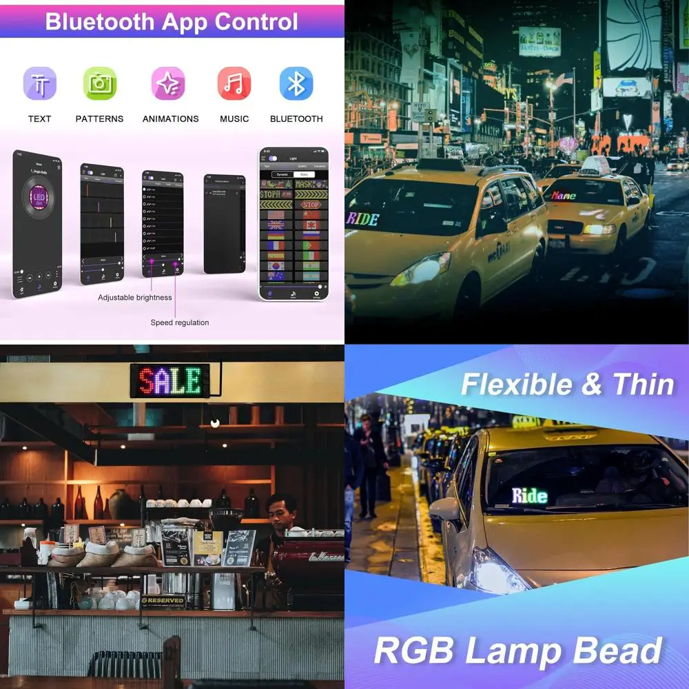 

Светодиодные вывески для автомобиля, программируемые гибкие светодиодные вывески, управление через приложение Bluetooth, индивидуальный текст, узоры, анимации