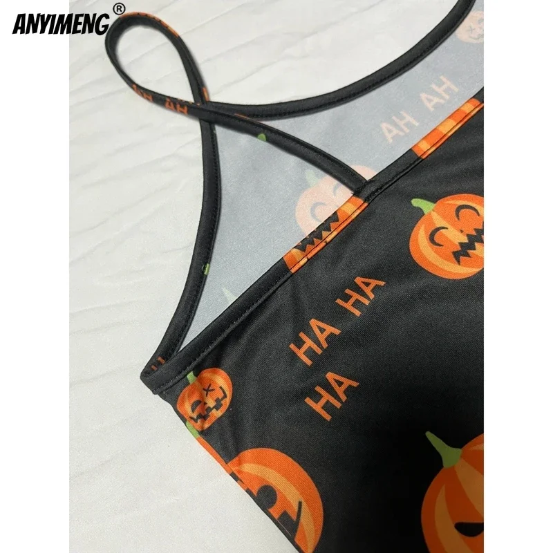 2PCS Set HOT Halloween Cute Prumpkin Party Nightie Spaghetti Strap Pajamas Women Tank Top Shorts Sexy Lingerie Sleeveless Pijama