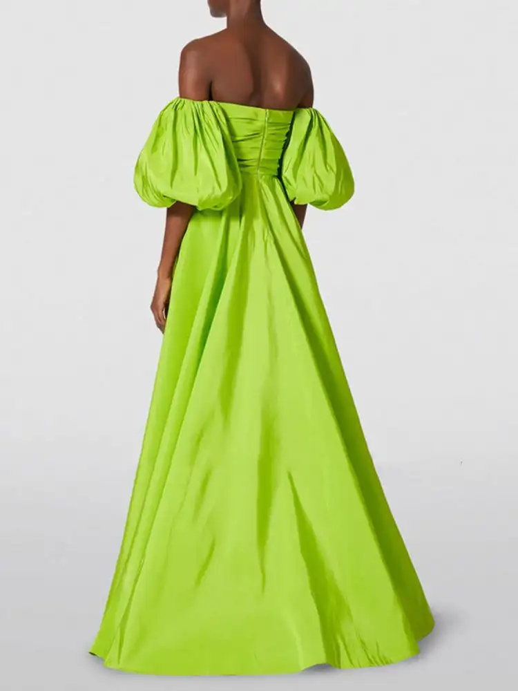 Elegant Neon Green A-line Long Women Dresses To Formal Party Strapless Puff Sleeves Female Maxi Gowns