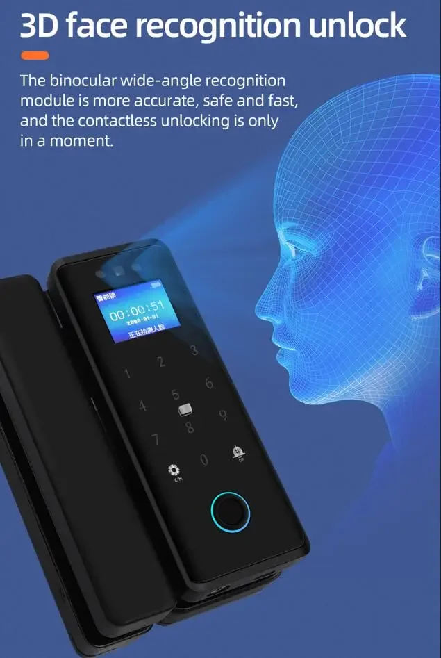 Tuya Intelligent 3d Face Recognition Tuya Wifi serratura per porta in vetro Password per scheda di impronte digitali serratura elettronica in vetro per ufficio