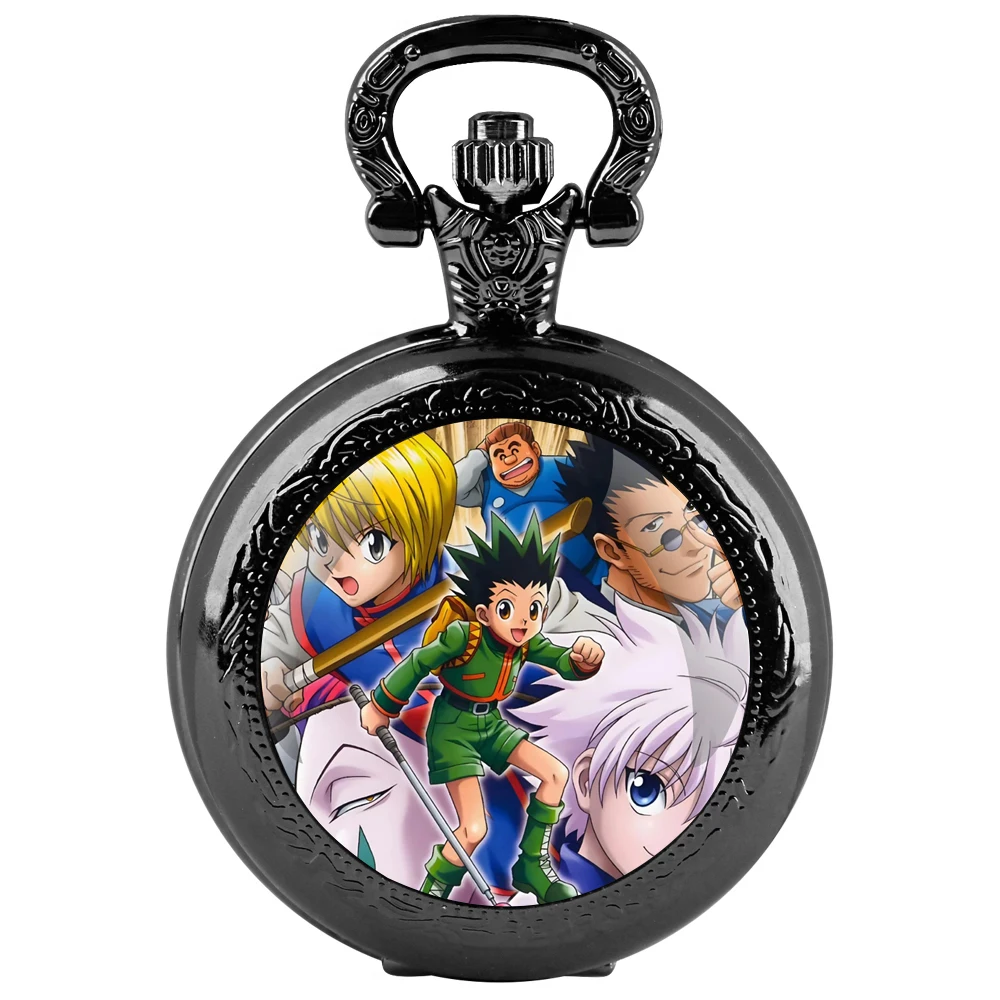 Anime Hunter × Hunter Orologio da tasca al quarzo nero con cupola in vetro con quadrante con numeri arabi e catena resistente, regalo retrò per uomini e donne