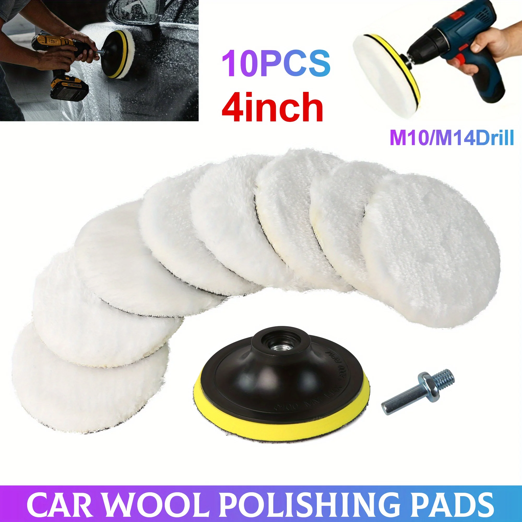 10PCS 4in Car Polishing Waxing Buffing Wheel Pad Car Polisher Kit for Auto M10/M14 Drill Connector Car Paint Care