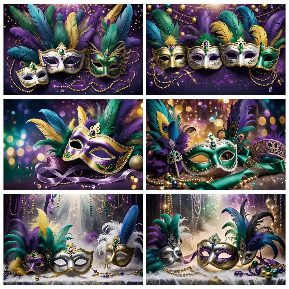 

MOON.QG Mardi Gras Decoration Backdrop for Photography Mask Masquerade Carnival Party Background Lace Glitter Feather Photozone