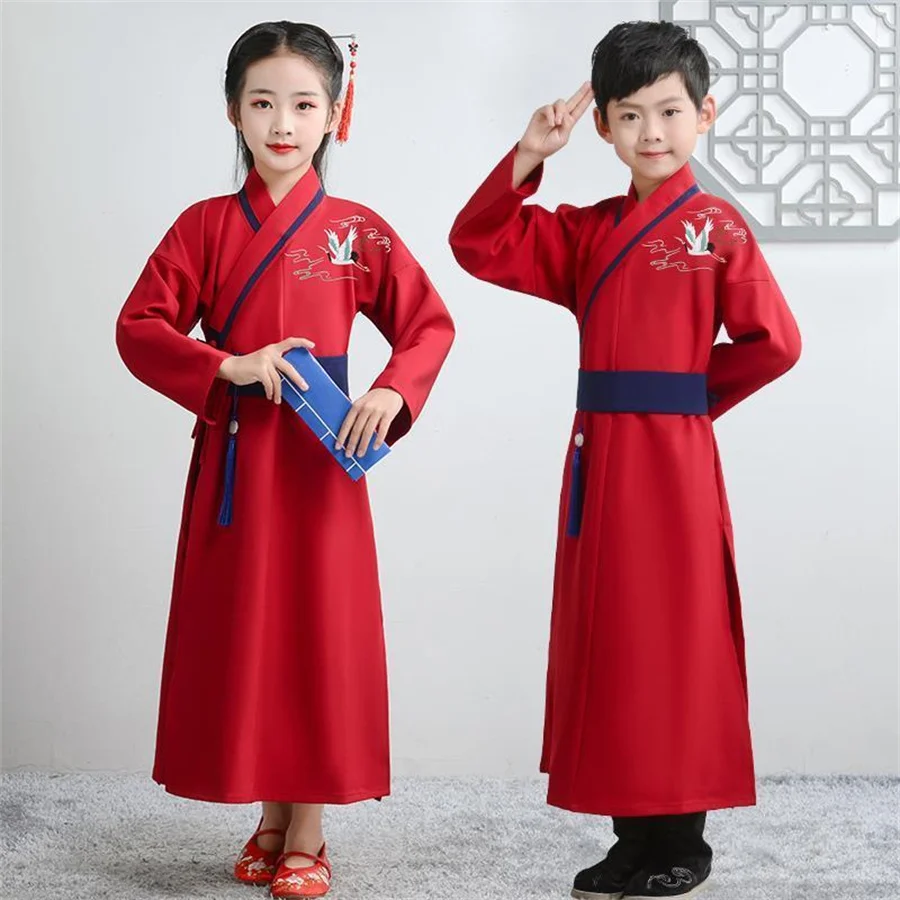 Hanfu baju sekolah anak laki-laki perempuan, baju Hanfu tradisional Cina, pakaian sekolah gaya kuno anak-anak