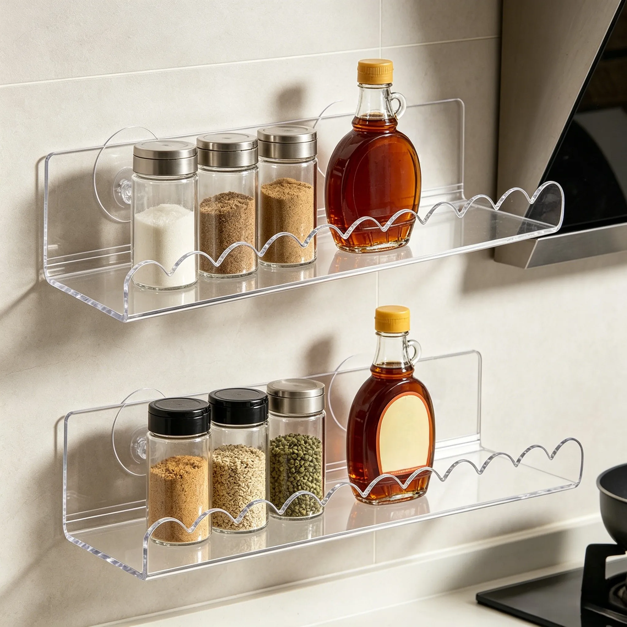 Clear  Suction Cup Wall Shelf No Drill Transparent Kitchen Organizer For Spice Bottles And Bathroom Toiletries