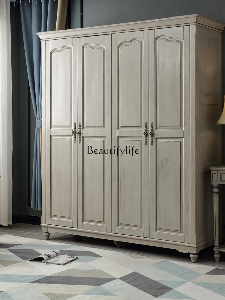 

-American solid wood country 4 door wardrobe antique and old high-grade gray bedroom furniture