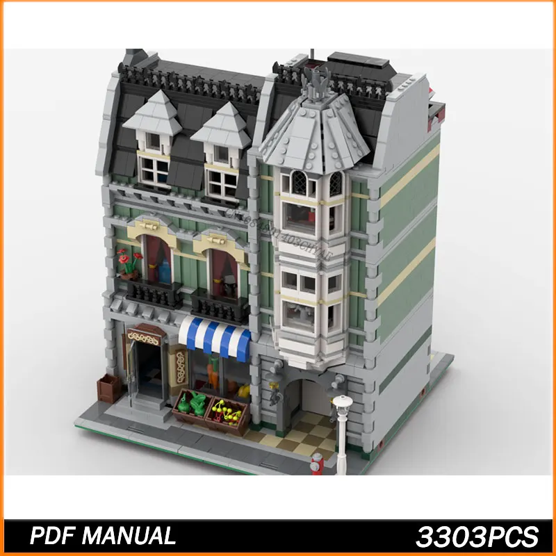 MOC Building Block Street View Modular Makeover - Green Grocer Model High Difficulty Brick Toys Creative Birthday Gifts 3303PCS