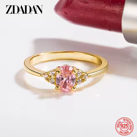 ZDADAN 925 Silver 18K Gold Oval Pink Zircon Ring For Women Wedding Jewelry