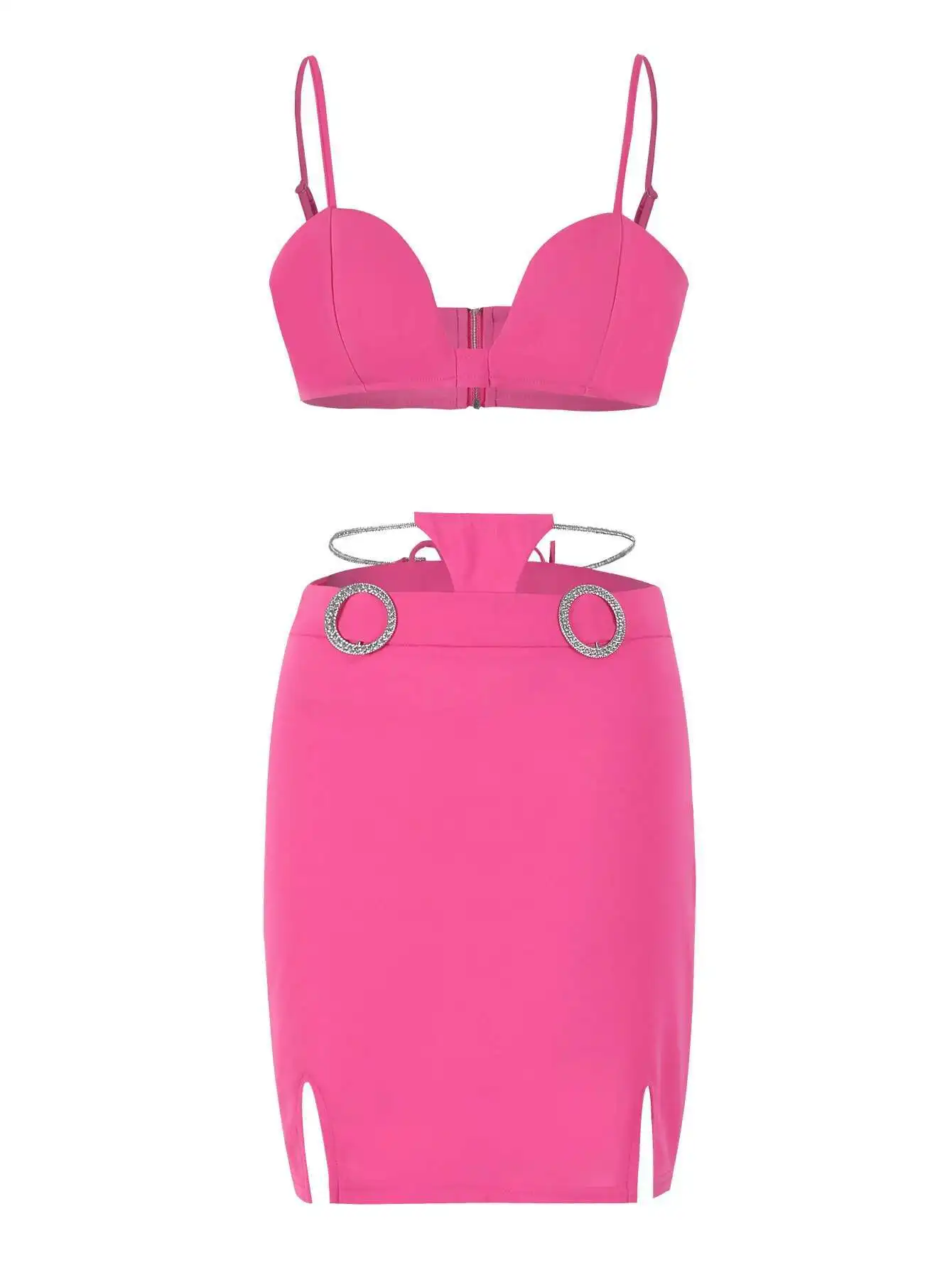 Sexy V-ausschnitt Frauen Zwei Stück Cut Out Mini Rock Anzug Rosa Hohe Taille Patchwork Urlaub Casual Weibliche Sommer