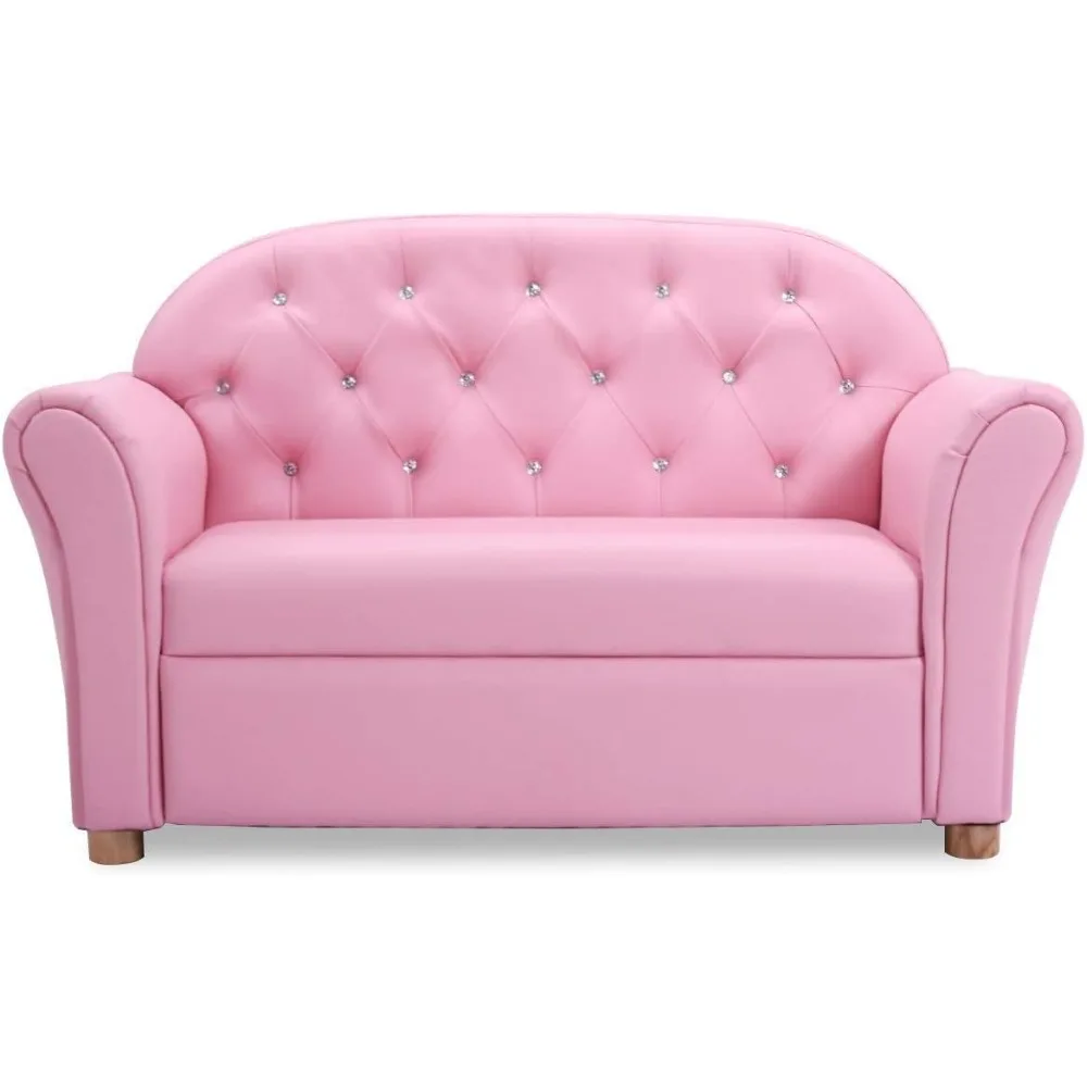 Kids Couch, 2 in 1 Princess Double Seat Children's Sofa w/PU Leather Surface, Toddler Armrest Chair for Bedroom, Pink