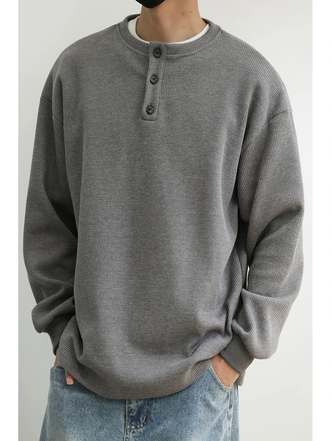 

LH Store Henry Collar Hoodie Long Sve Casual Tee Japanese Sle Loose Fit Layering Base irt Breathable Polyester Cotton ...