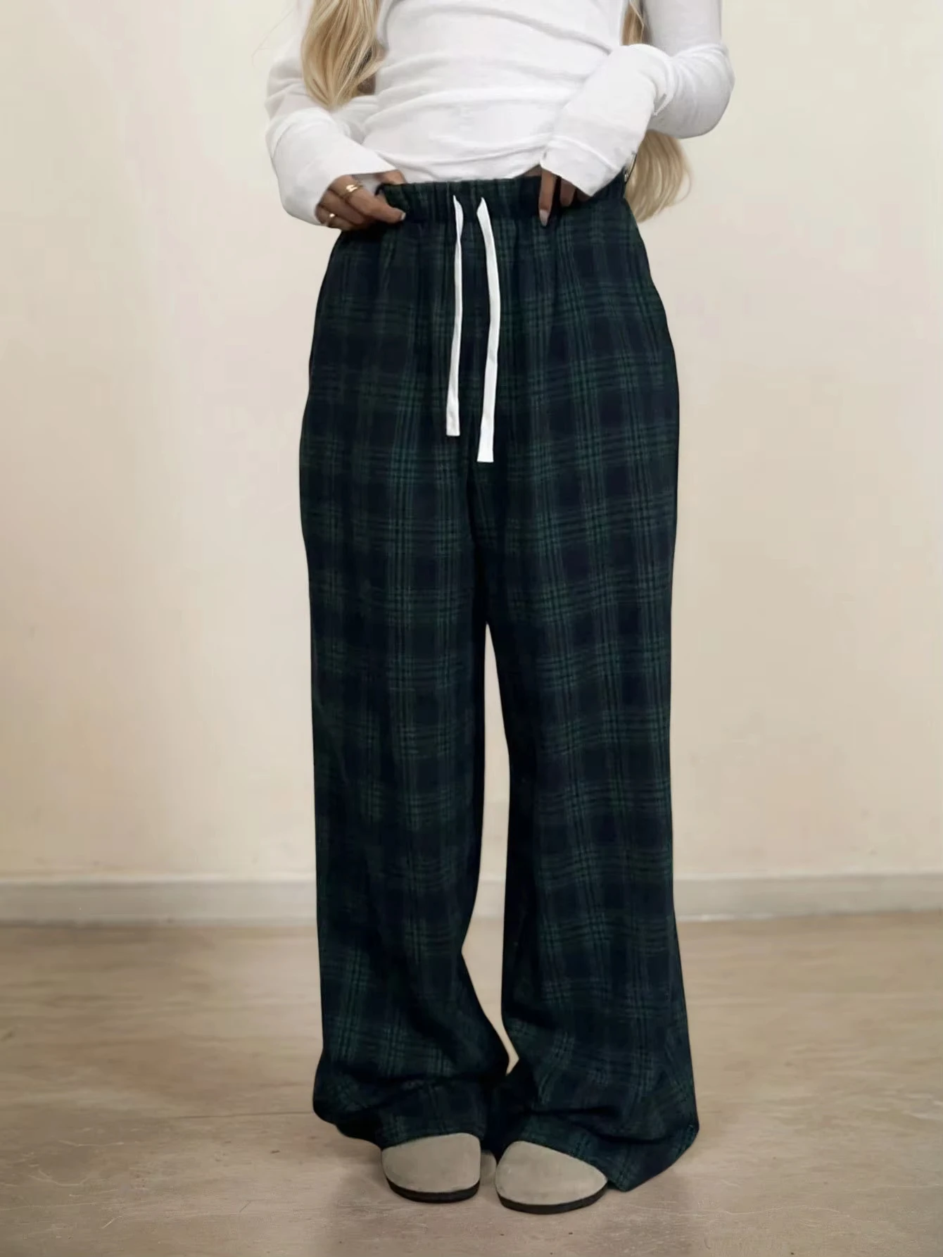 Y2K Streetwear 3D Plaid Print Quick Dry Straight Pants Elastic Double Drawstring Waist Green Check Loose Casual Daily Trousers