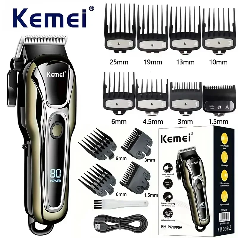 Kemei KM-PG1990A USB Rechargeable Electric Hair Clipper Professional Cordless Men Hair Trimmer Men's Hair Cutting Machine Barber