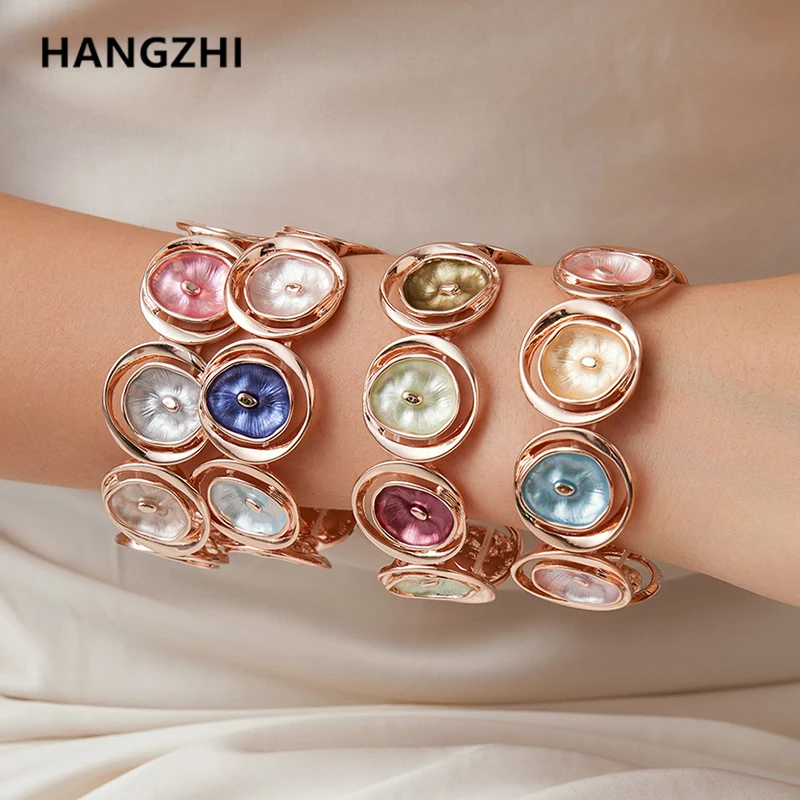 HangZhi Enamel Flower Hollow Elastic Rope Bracelet Colorful Oval Wide Adjustable Cuff Bangle Chunky Vintage Jewelry for Women
