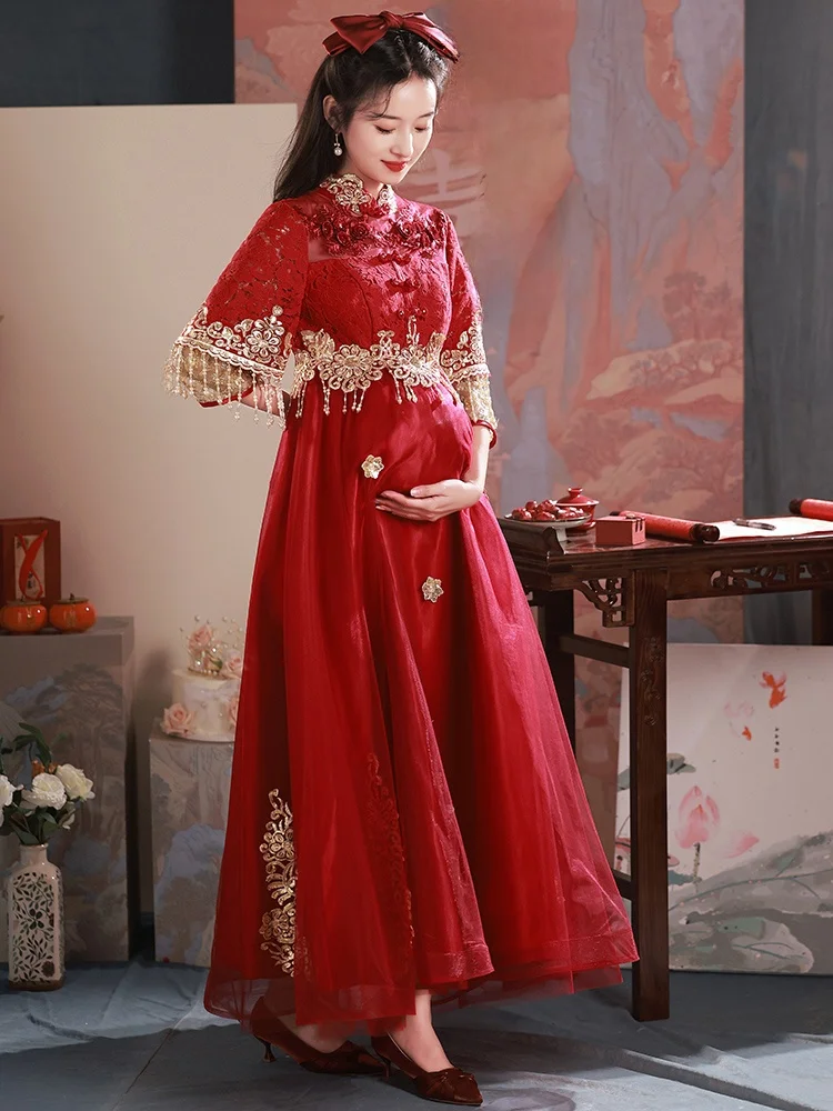 

Летнее новое свадебное платье больших размеров, длинное вечернее платье, ципао для беременных, скрывающее живот, одежда для возвращения домой, костюм для невесты