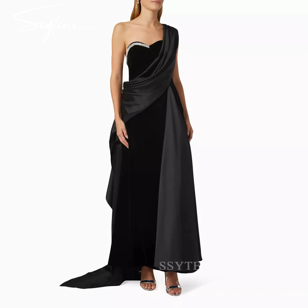 

SSYTENS One Shoulder Evening Dresses Black Elegant Women Party Dress Customized Velvet Beads Wedding Guest Formal Occasion Gown