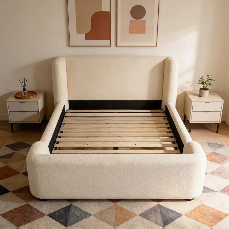 # White Teddy Fabric Headboard Gas Lift King Bed Frame With Storage Modern Bedroom Set Furniture Queen Size Platform Beds