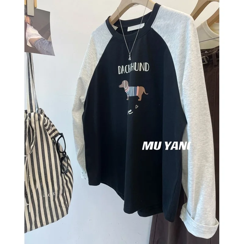 

Женская футболка в японском ретро-стиле с длинным рукавом, свободного кроя, с принтом «Ленивый пёс», милый топ из смесового хлопка и полиэстера, с круглым вырезом