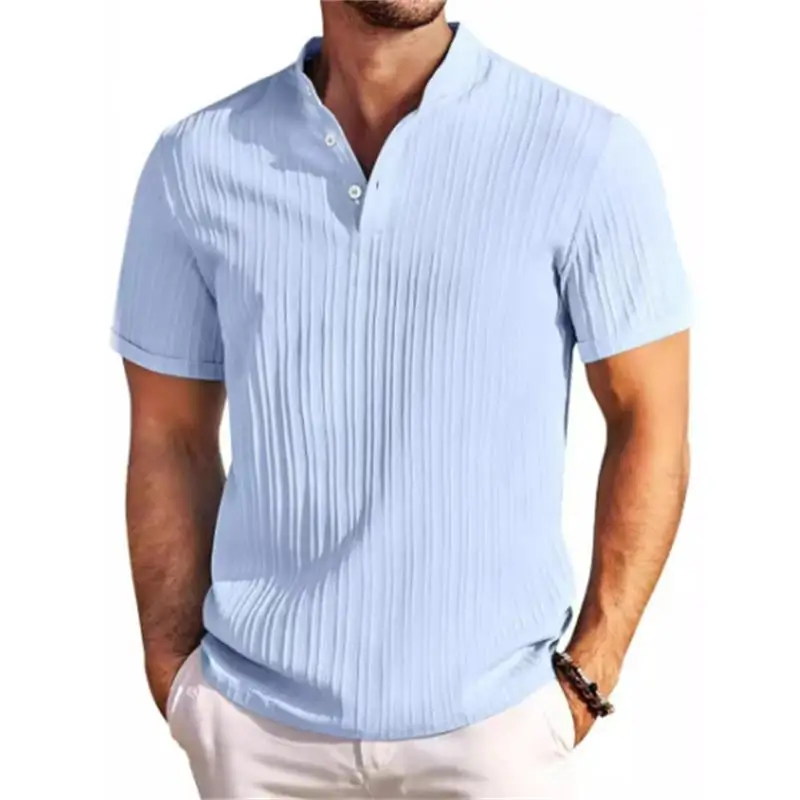 2024 Summer New Men's Cotton And Linen Striped Jacquard Shirt lapel Casual Comfortable Stylish Casual Short-Sleeved Shirt