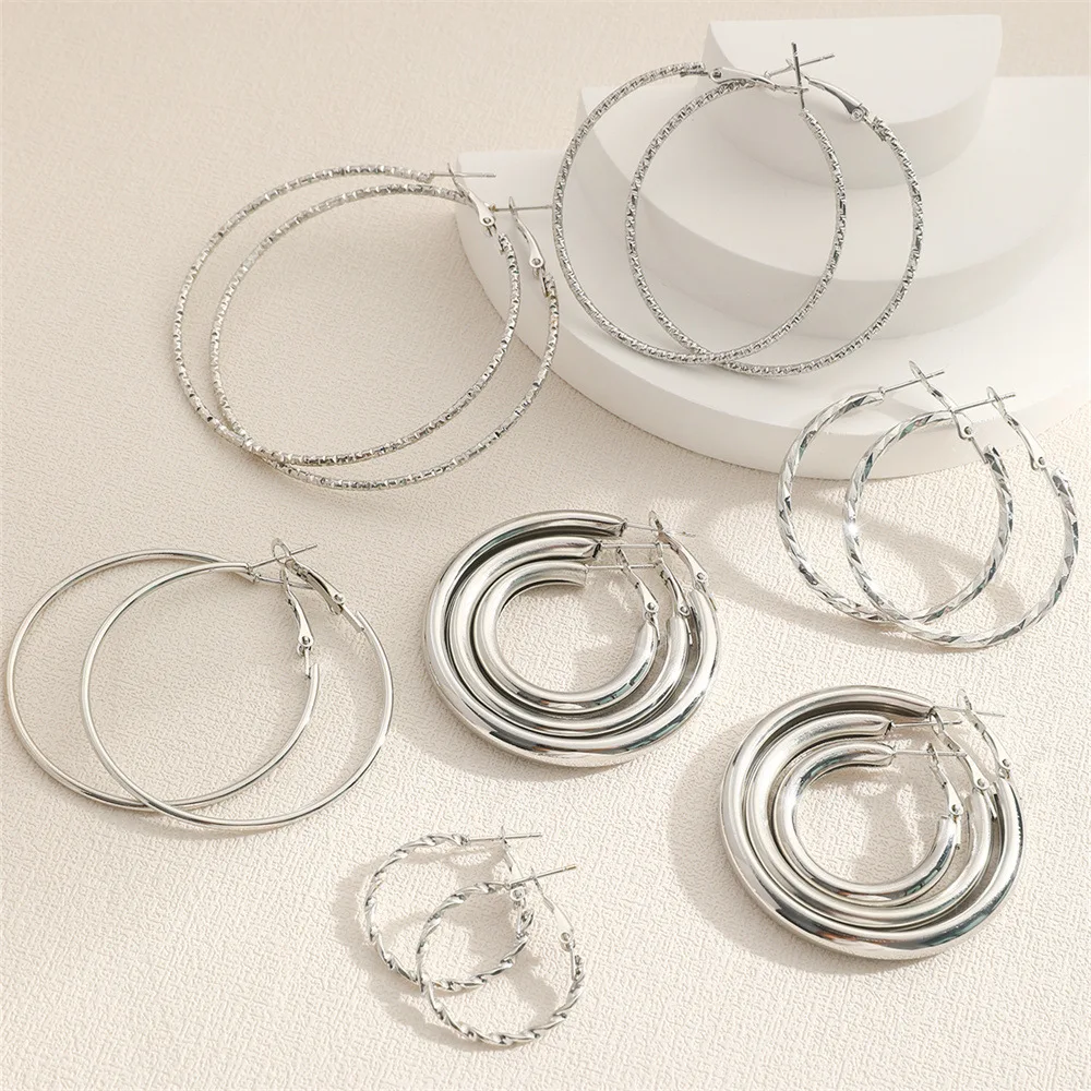 8Pairs Simple Punk Hoop Earrings Set Big Circle Earrings Jewelry for Women Girls Ear Hoops Earring Round Oversized image 5