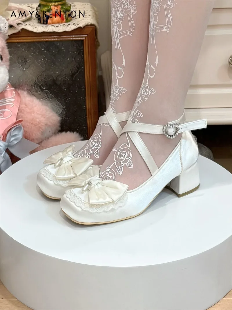 

Sweetheart Elegant Ballet Style Satin Square Toe Original Lolita Cla Series Women's Shoes High Heels Cute Bow Thick Sole Shoes