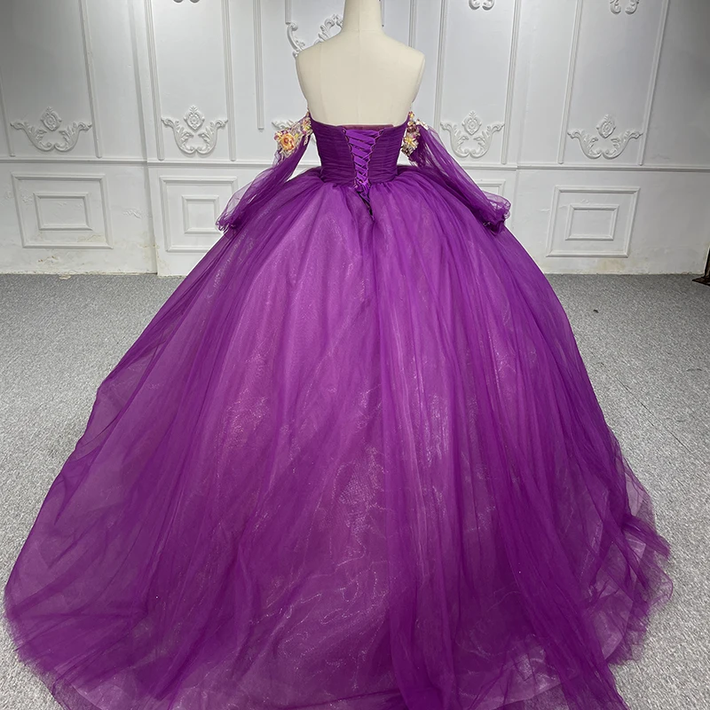 Stijlvolle Dames Quinceanera Ball Dresse Paarse Bloem Off Shoulder Volle Mouwen Kant Hoge Kwaliteit Afstudeerfeestjurk Dy1239