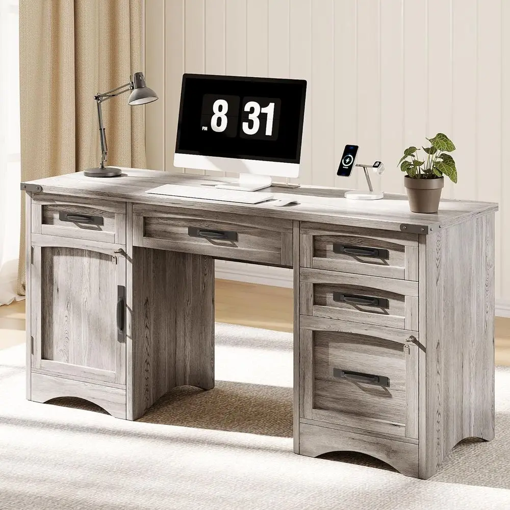 

55 Modern Office Desk with Drawers, Charging Station, Lockable File Cabinet, Wood Computer Desk for Home or Work, Grey