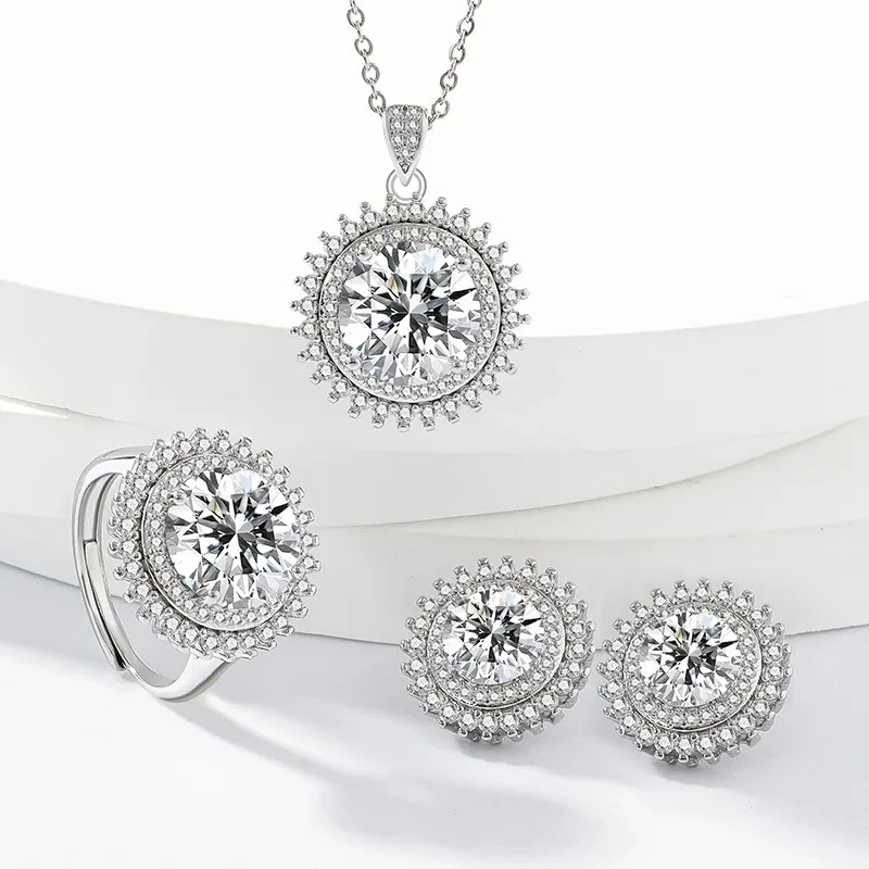 

925 Sterling Silver Full Diamond Sunflower 5 Carat Zircon Necklace Earrings Ring Set Birthday Anniversary Wedding Party Gift