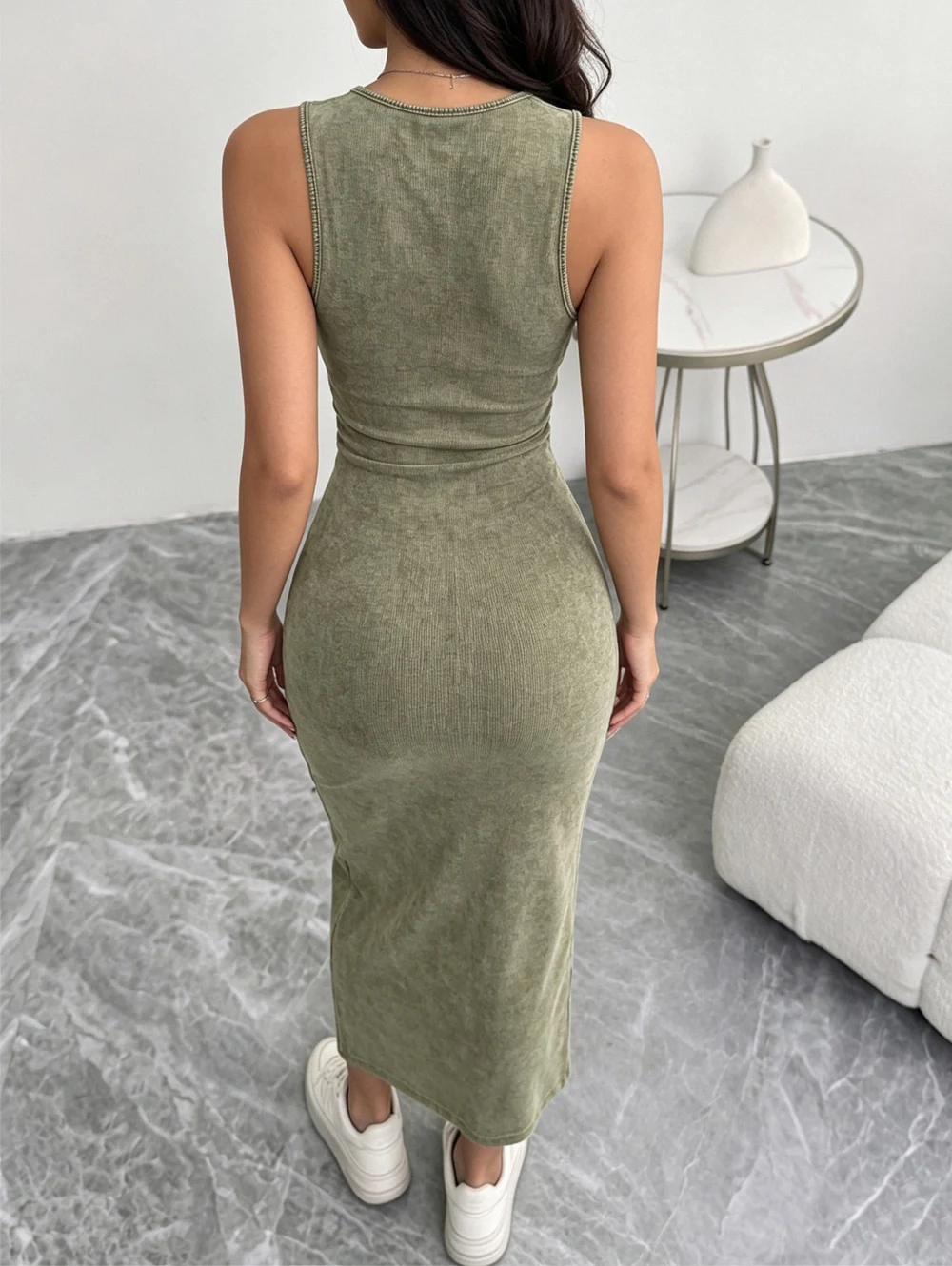 Stylish Round-Neck Sleeveless Bodycon Dress with a Washed, Distressed Look.