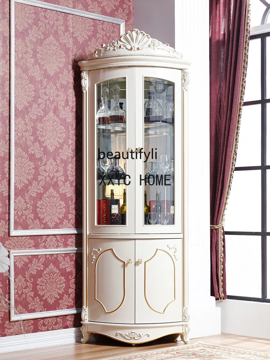 European Style Wine Cabinet White Corner Cabinet Triangle Cabinet Living Room Solid Wood Fan-Shaped Multifunctional Storage Rack