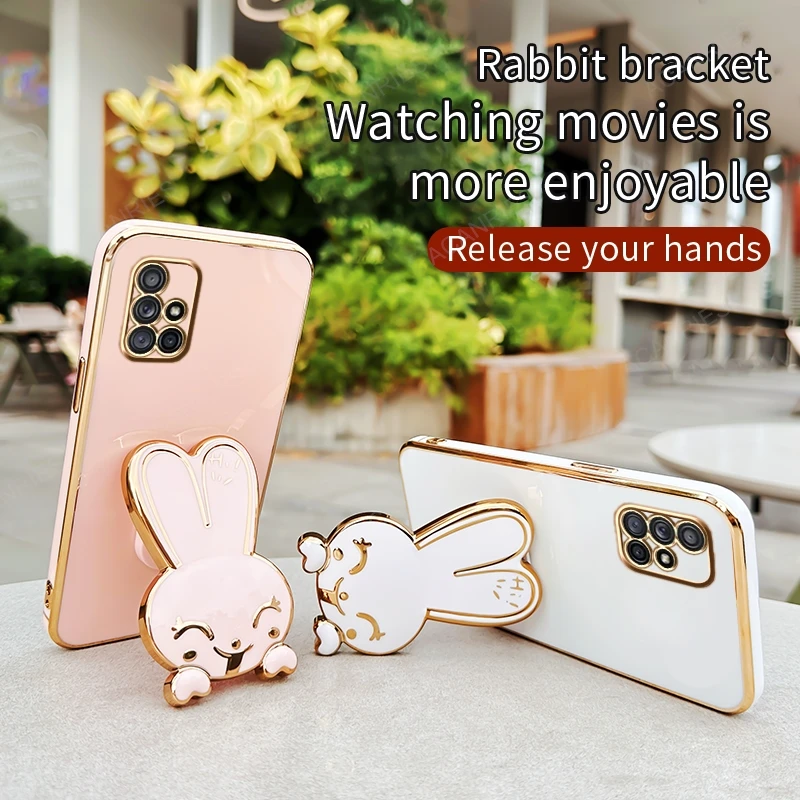 A 71 51 31 21s 11 Plating Silicone Soft Case For Samsung Galaxy A71 4G A51 A31 A21s A20s A10s A11 Long Eared Rabbit Stand Cover