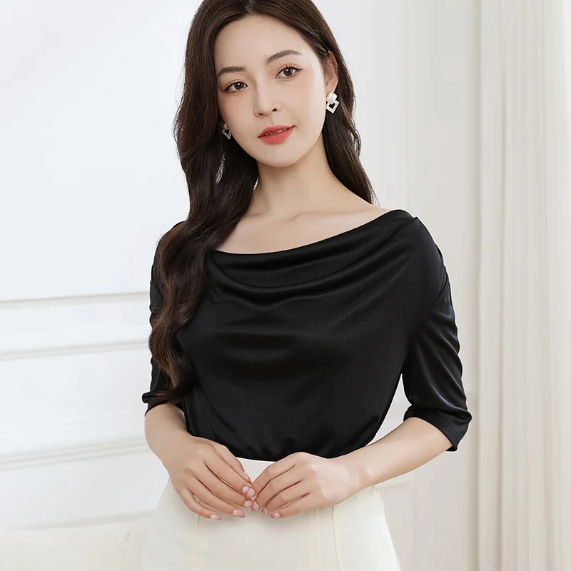 

High-End Acetate Satin Off-Shoulder Short-Sleeve Women'S T-Shirt Summer Loose Fit Slimming Versatile Lightweight Half-Sleeve Top