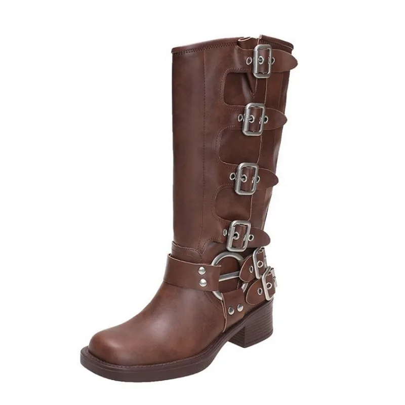 Metal Buckle Square Toe Gothic Boots Women Black PU Leather Punk Long Boots Woman Chunky Heels Motorcycle Booties Cowboy Boots