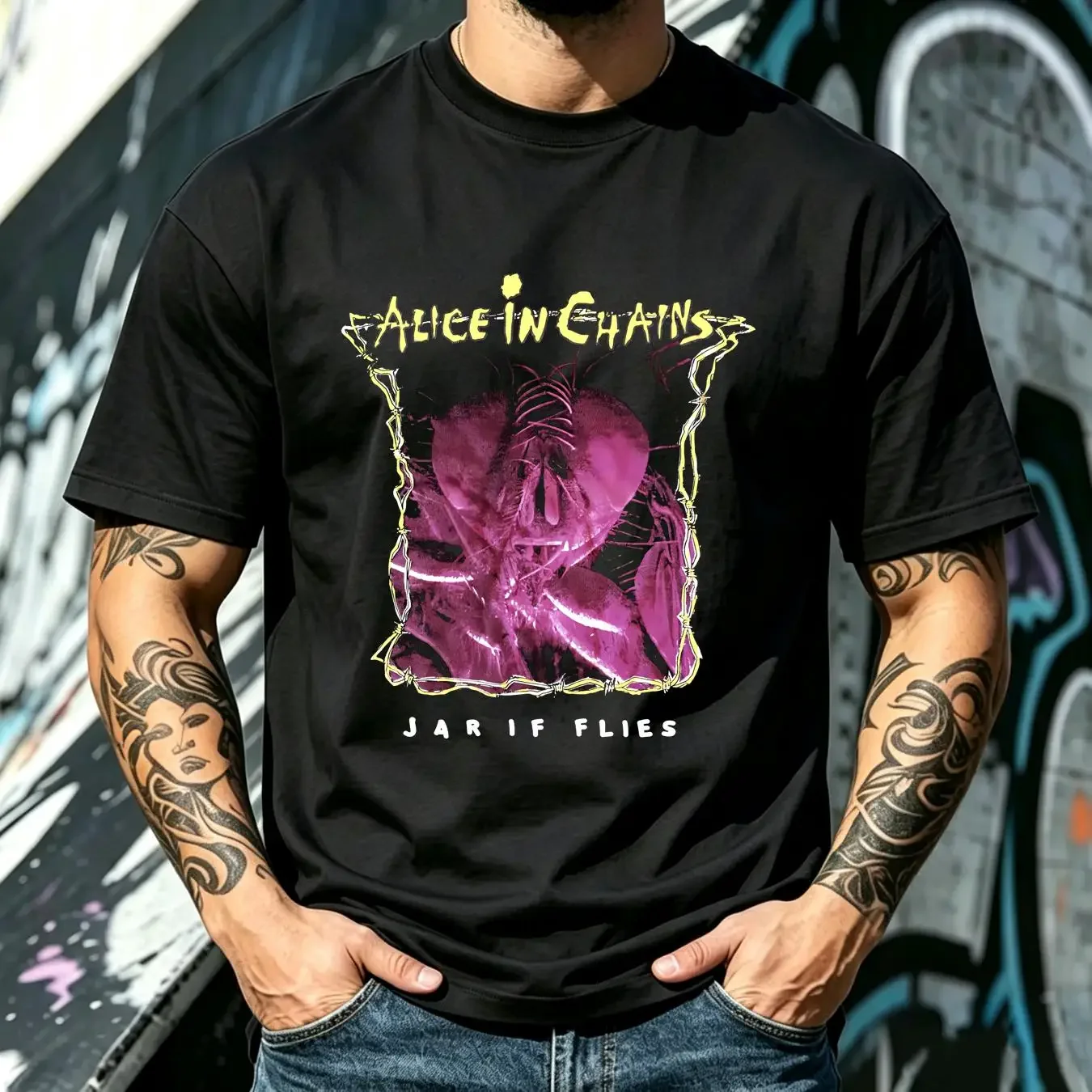 washed T Shirt Vintage Y2K 2004 Alice In Chains Jar Of Flies Band Size XL black vintage Washed Unisex Stretched fashion graphic