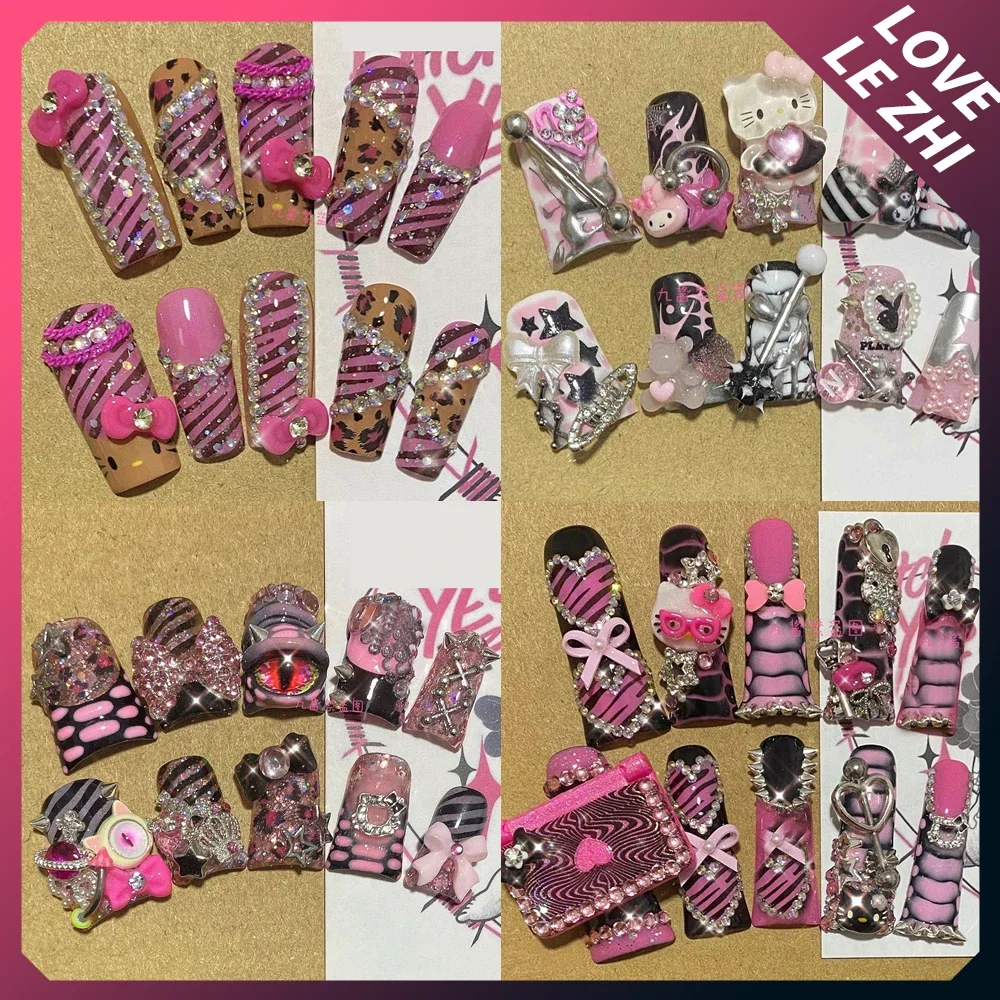 Y2K Hello Kitty Long Duck Square Punk Rivet Press On Nails Handmade French Leopard Print Star Lace Love Diamond Fake Nails Gift