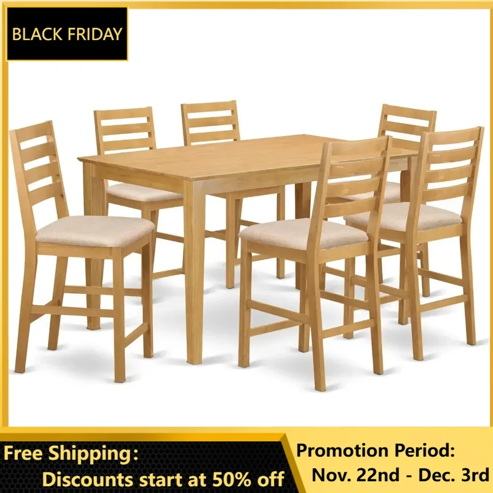 7 Piece Kitchen Counter Set Consist of A Rectangle Table and 6 Linen Fabric Dining Room Chairs, 36x60 Inch, Oak Dining Room Sets