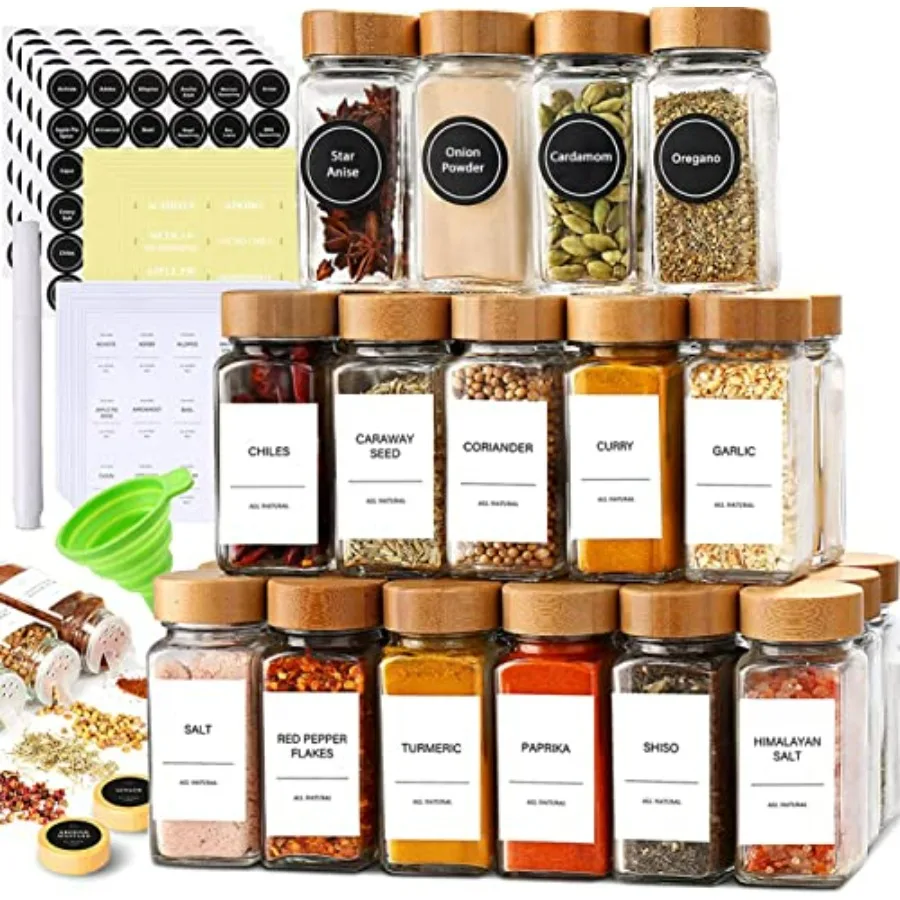

Set of 24 Glass Spice Jars with Various Labels Bamboo Shaker Lids Funnel Kitchen Storage Jars with Airtight Lid Spices Seasonin