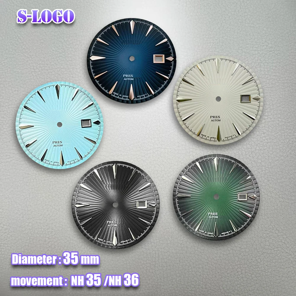 5mm S Logo NH35 White Cocktail Green Blue Dial Fit NH36 Movement No Luminous High Quality Watch Modification Accessories Repair