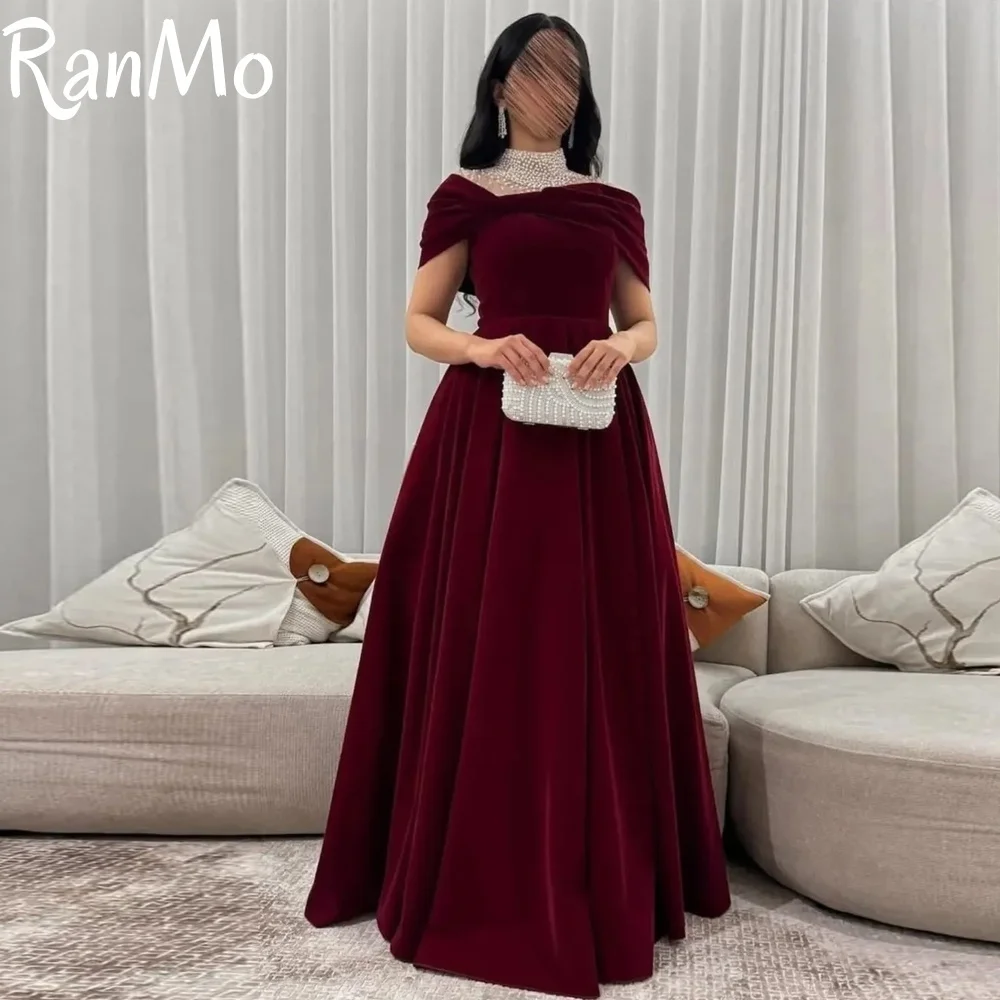 فستان سهرة Ranmo 2025 أنيق مخملي بدون أكتاف على شكل حرف a مطرز بالخرز وأكمام قصيرة مخصص في دبي حورية البحر مناسبة للحفلات الراقصة