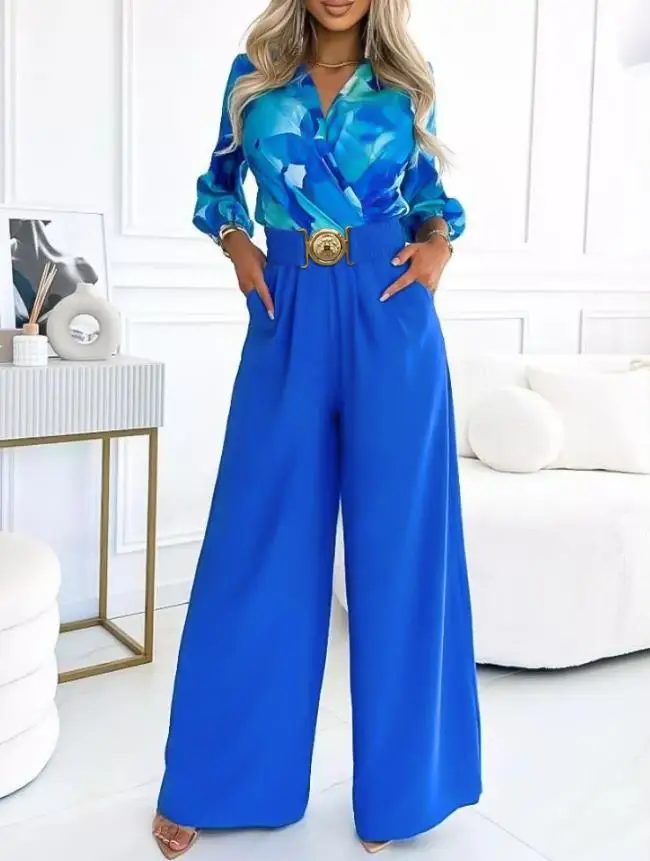 Women's Tie Dye Print Patchwork Ruched Overlap V-Neck Lantern Sleeve Jumpsuit Casual Elastic Back Waist Wide Leg Jumpsuit