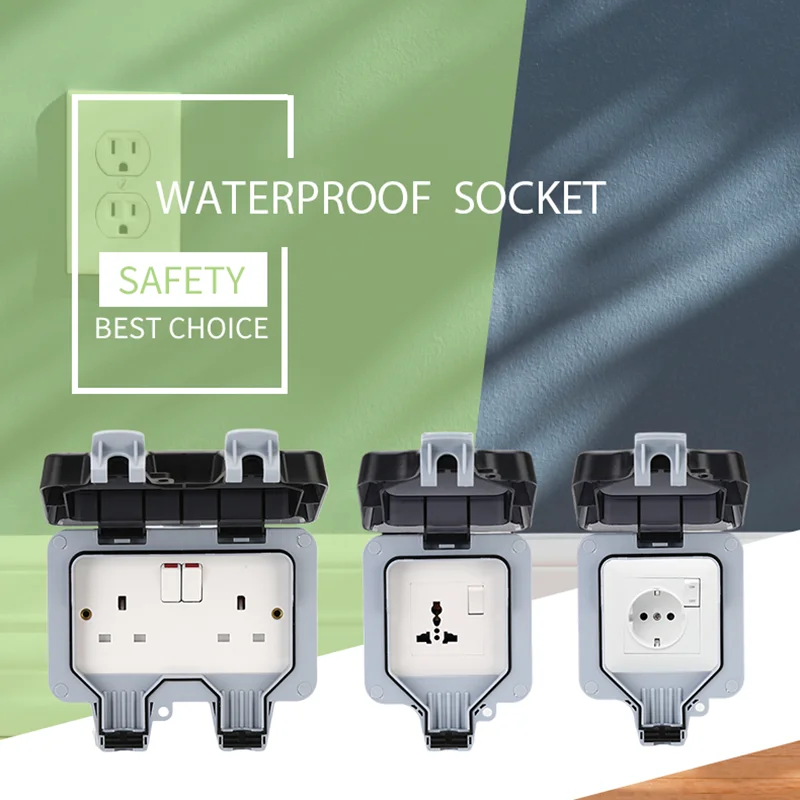 Double EU Socket Power Supply Switch Socket 16A Outdoor Wall Power Socket Charging for Home& Garden IP66 Weatherproof