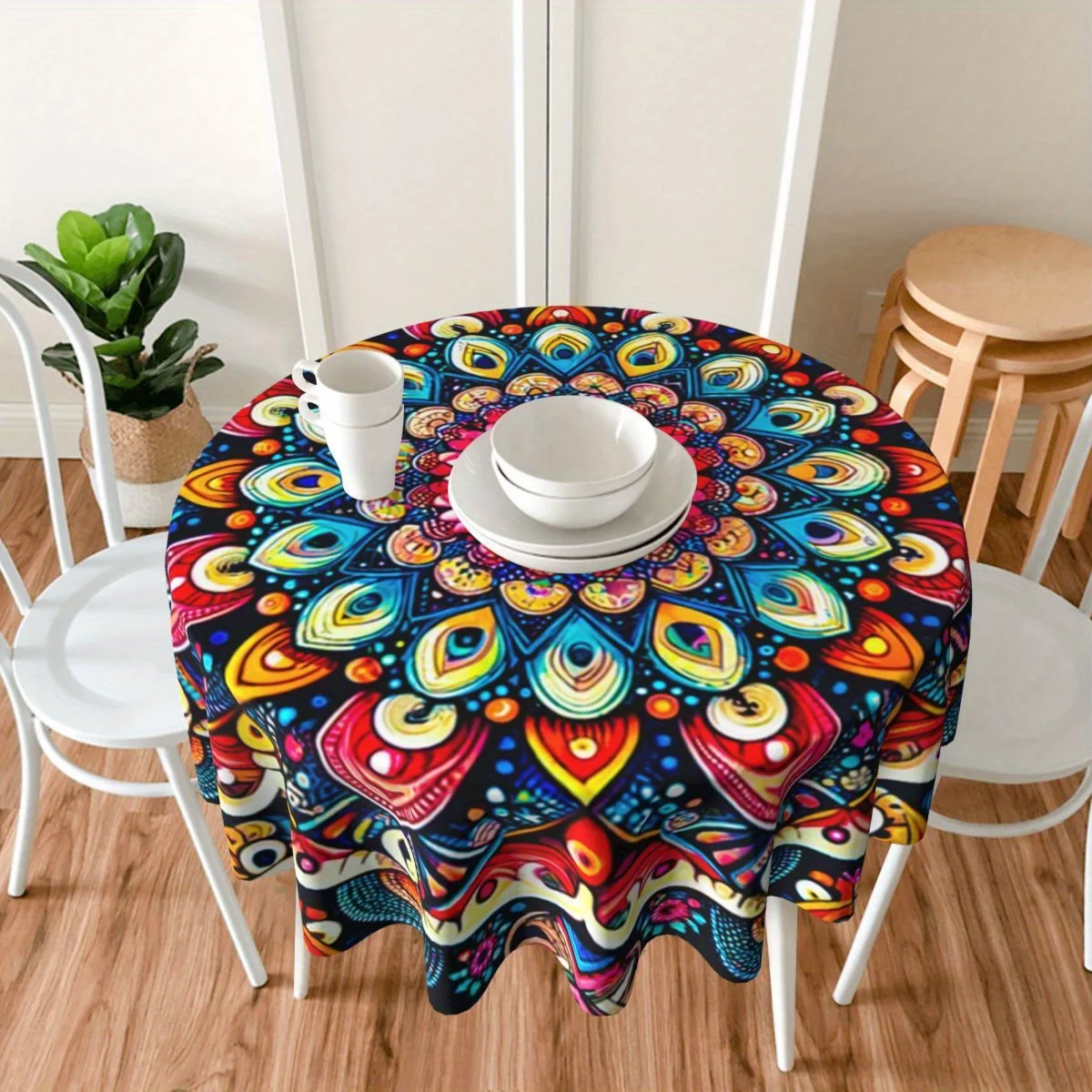 JIT, 1pc Mandala Pattern Kitchen Dining Round Print Tablecloth, Washable Microfiber Tableclothzyc