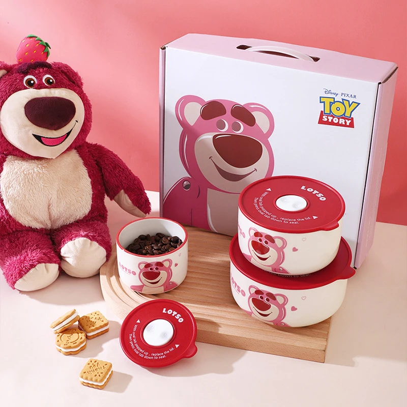 Miniso Disney Lotso Ceramic Bowl With Lid Cartoon Anti-Scald Noodle Bowl Cute Pooh Thicken Heat Insulation Tableware Gift