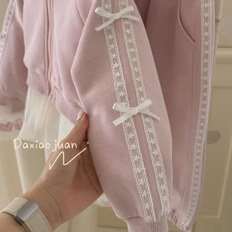 Boutique 2024 Kids Fall Winter Clothes Baby Girls Kawaii Lace Bow Hoodie and Sweatpants 2 Piece Set Princess T-shirt Dress Tutu