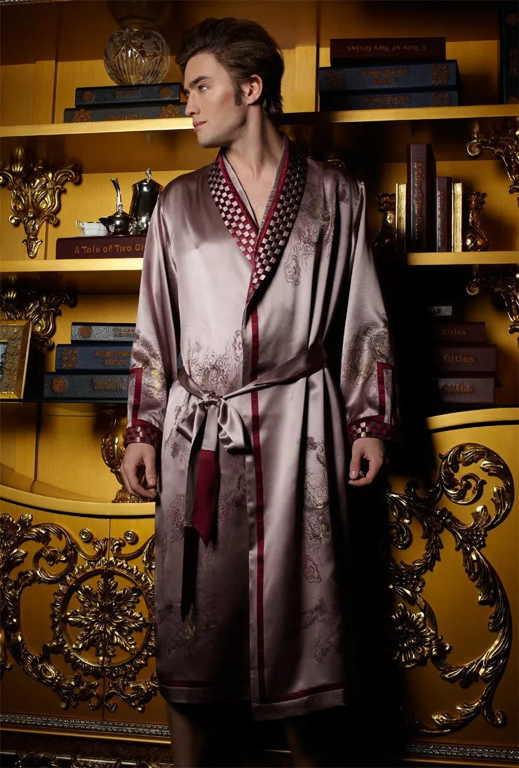 Men Silk Robe 100% Pure 19MM Silk Men Luxury Sleepwear Embroidered Kimono Robe Nightgown Size L XL XXL