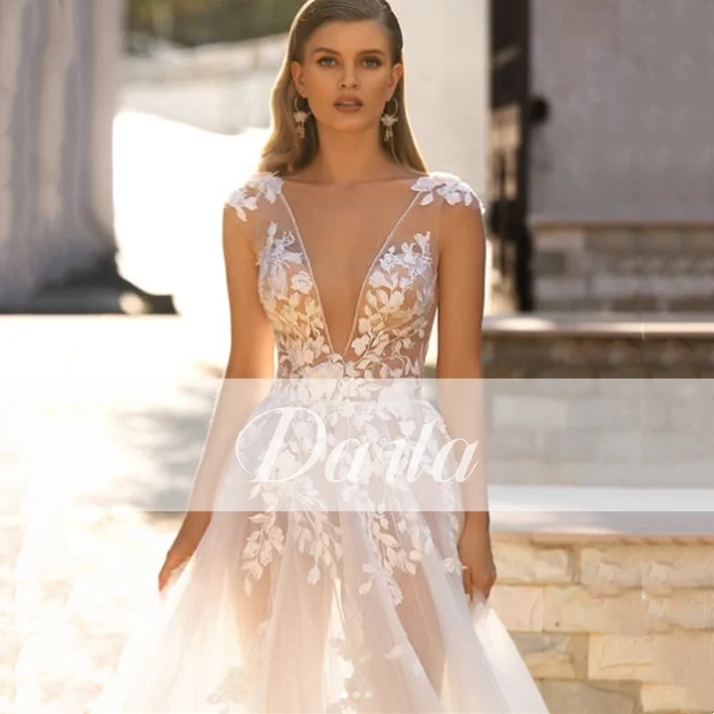 Robe de mariée A-ligne à col en V profond de luxe, Boho, appliques en fibre de dentelle, patients, robe sexy, dos nu, train de balayage, personnalisé, 2025